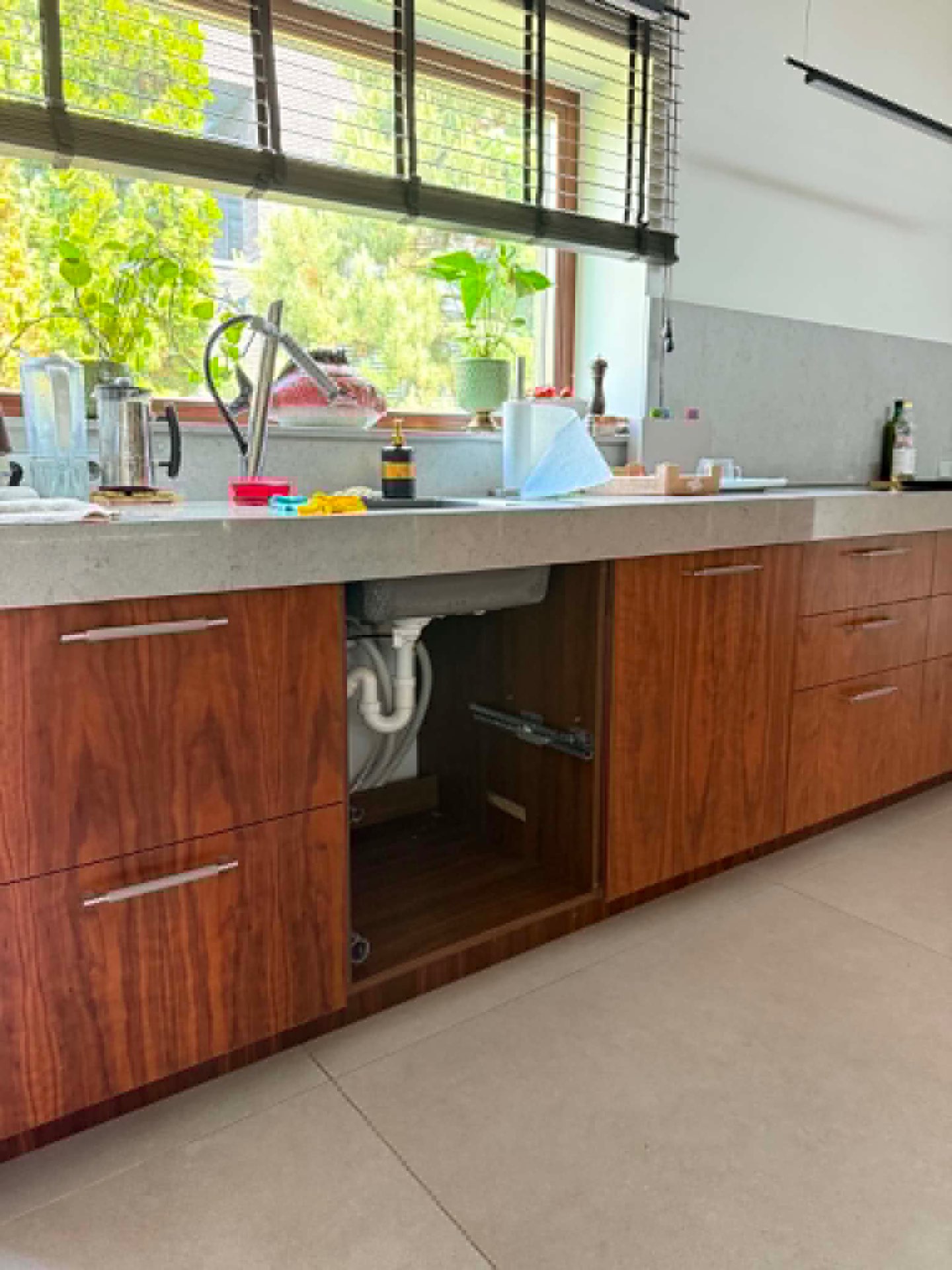 Kitchen drain pipe cleaning — clear and reassembled