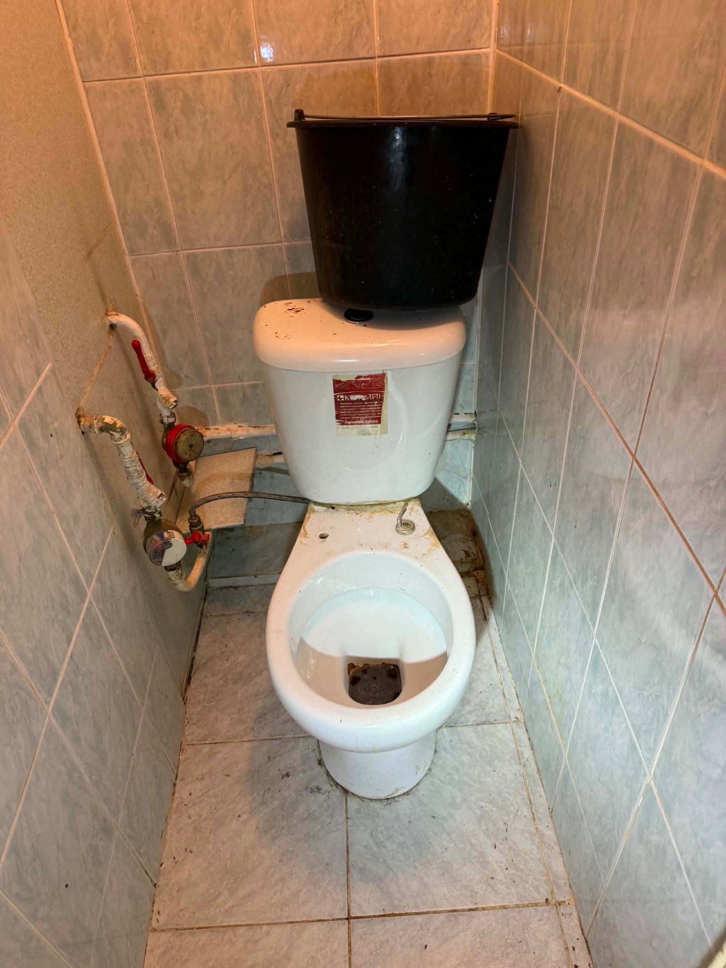 Toilet replacement — old worn unit before removal